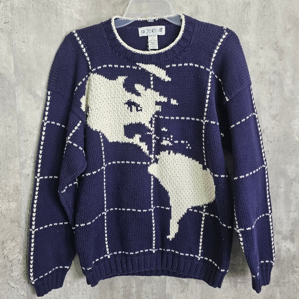 Accento Vintage Hand Made Peru Cotton World Map Grid Sweater Navy Blue Womens M